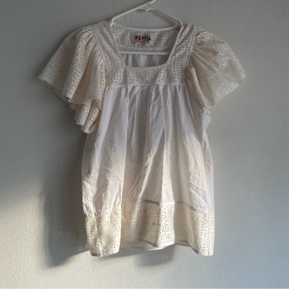 Pepin white cream flutter sleeve shirt sleeve blouse with lace detailing